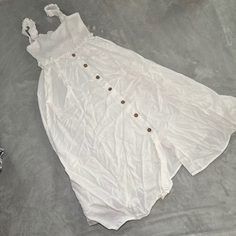 Blu Pepper White Smocked Button Front Midi Dress Rayon Linen Blend Womens Medium